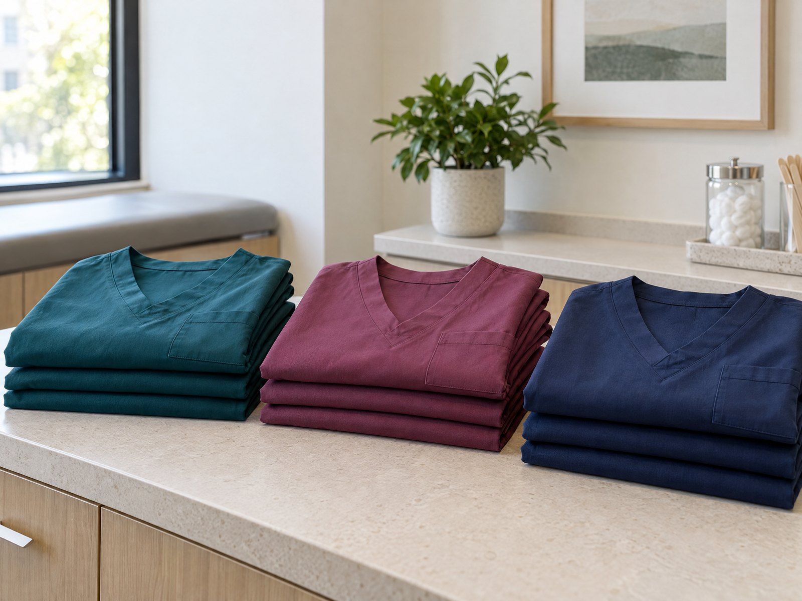 Neatly folded medical scrub tops in deep teal, berry and navy